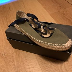 J crew flat espadrille moss green with navy laces